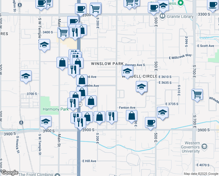map of restaurants, bars, coffee shops, grocery stores, and more near 249 East Helm Avenue in South Salt Lake