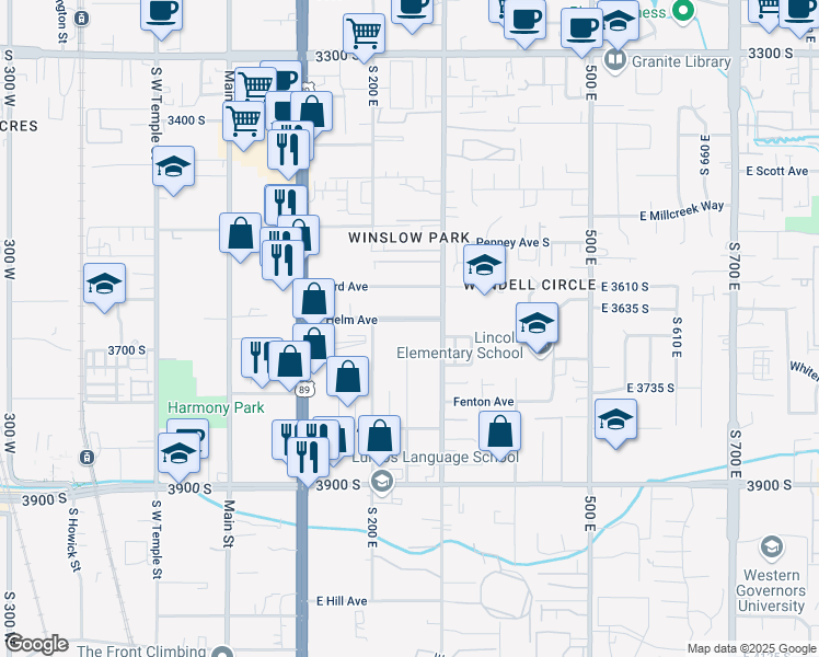 map of restaurants, bars, coffee shops, grocery stores, and more near 249 East Helm Avenue in South Salt Lake