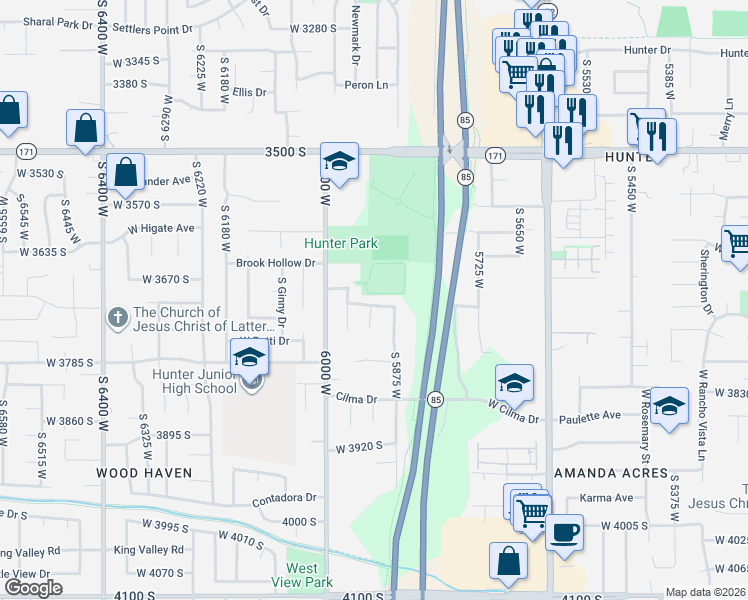 map of restaurants, bars, coffee shops, grocery stores, and more near 5874 Valley Pointe Drive in West Valley City