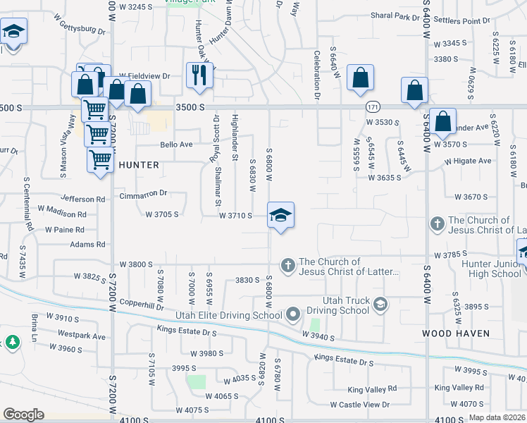 map of restaurants, bars, coffee shops, grocery stores, and more near 3683 South 6830 West in West Valley City