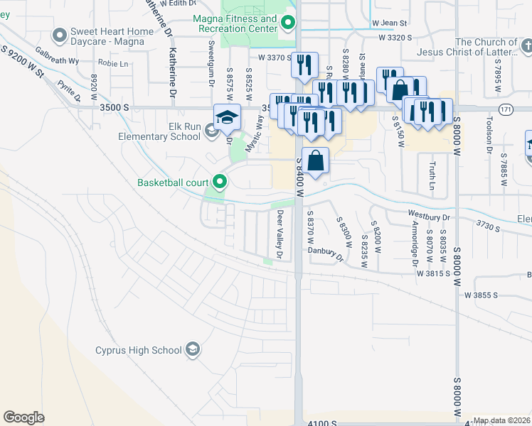 map of restaurants, bars, coffee shops, grocery stores, and more near 8480 Sunset Hills Drive in Magna