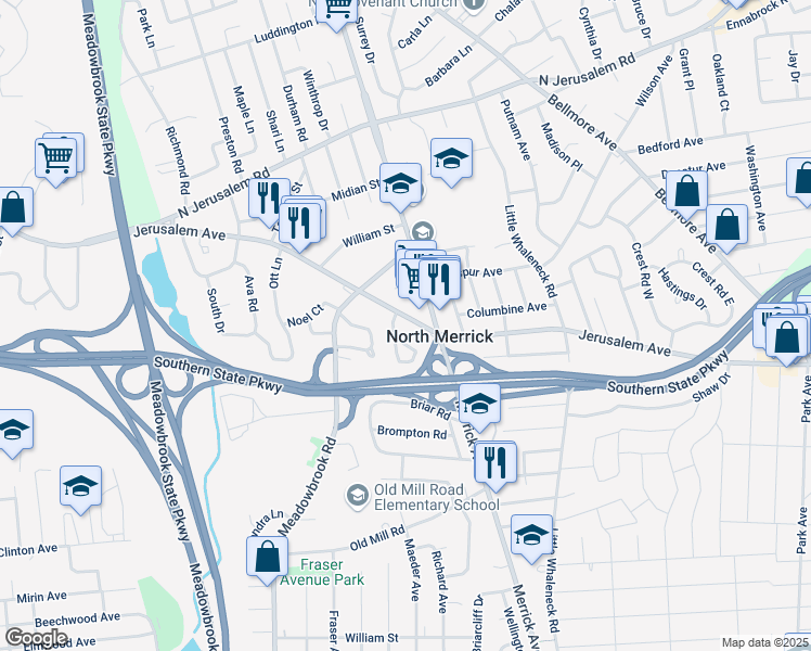 map of restaurants, bars, coffee shops, grocery stores, and more near 1529 Jerusalem Avenue in Merrick