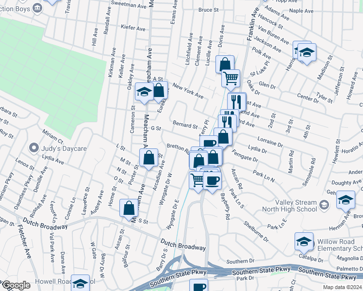 map of restaurants, bars, coffee shops, grocery stores, and more near 1263 G Street in Valley Stream