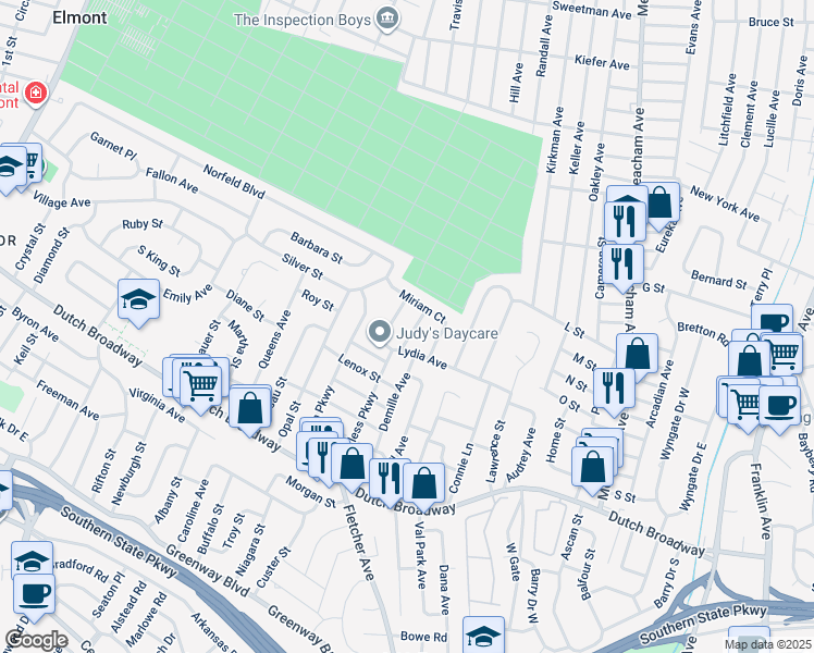 map of restaurants, bars, coffee shops, grocery stores, and more near 596 Valmont Place in Elmont