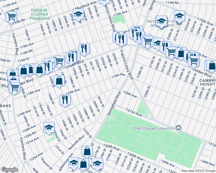 map of restaurants, bars, coffee shops, grocery stores, and more near 119-19 203rd Street in Queens