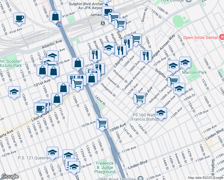 map of restaurants, bars, coffee shops, grocery stores, and more near 144-10 105th Avenue in Queens