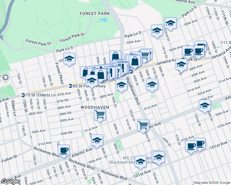 map of restaurants, bars, coffee shops, grocery stores, and more near 87-29 90th Street in Queens