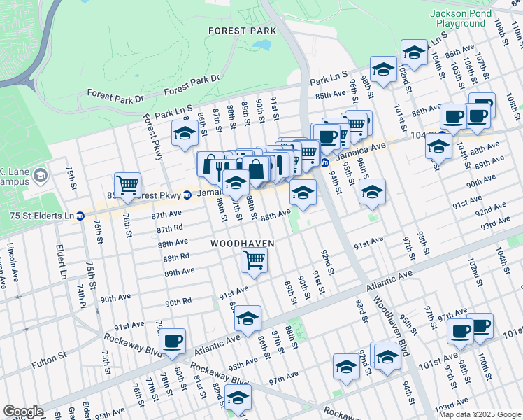 map of restaurants, bars, coffee shops, grocery stores, and more near 87-14 88th Street in Queens