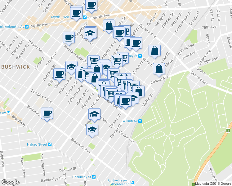 map of restaurants, bars, coffee shops, grocery stores, and more near 273 Eldert Street in Brooklyn