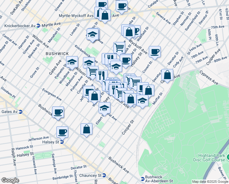 map of restaurants, bars, coffee shops, grocery stores, and more near 567 Wilson Avenue in Brooklyn