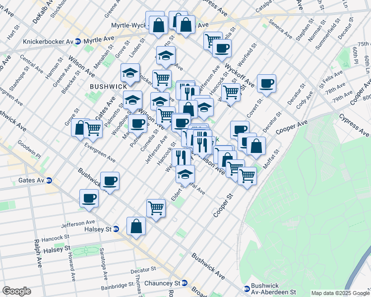 map of restaurants, bars, coffee shops, grocery stores, and more near 1232 Hancock Street in Brooklyn