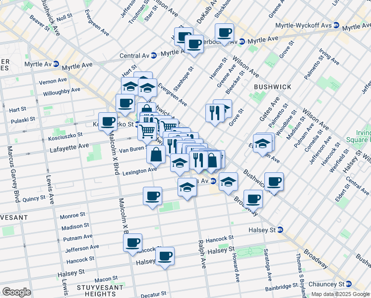 map of restaurants, bars, coffee shops, grocery stores, and more near 13 Goodwin Place in Brooklyn