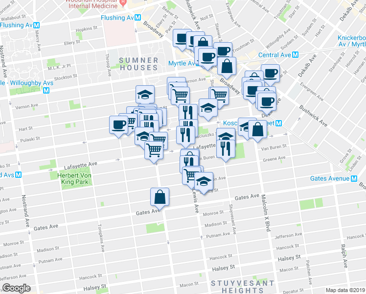 map of restaurants, bars, coffee shops, grocery stores, and more near 143 Lewis Avenue in Brooklyn