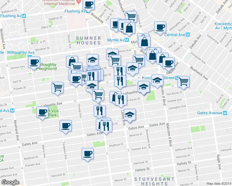 map of restaurants, bars, coffee shops, grocery stores, and more near 408 Kosciuszko Street in Brooklyn