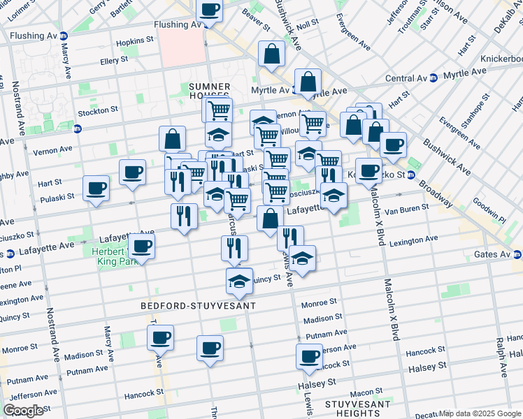 map of restaurants, bars, coffee shops, grocery stores, and more near 408 Kosciuszko Street in Brooklyn