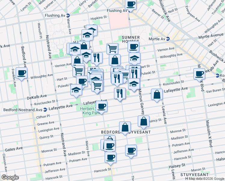 map of restaurants, bars, coffee shops, grocery stores, and more near 804 Dekalb Avenue in Brooklyn