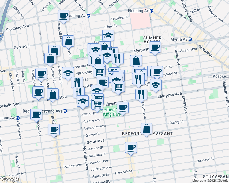 map of restaurants, bars, coffee shops, grocery stores, and more near 132 Pulaski Street in Brooklyn