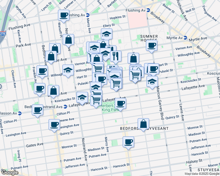 map of restaurants, bars, coffee shops, grocery stores, and more near 132 Pulaski Street in Brooklyn
