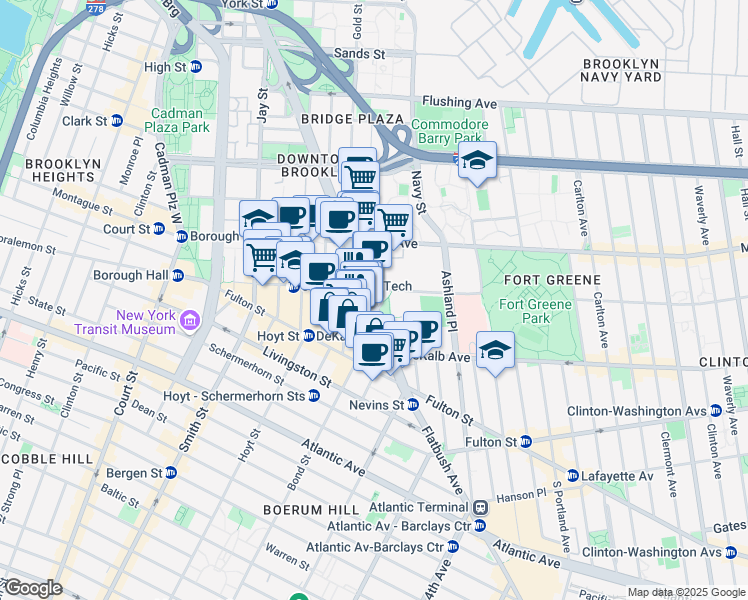 map of restaurants, bars, coffee shops, grocery stores, and more near 75 DeKalb Avenue in Brooklyn