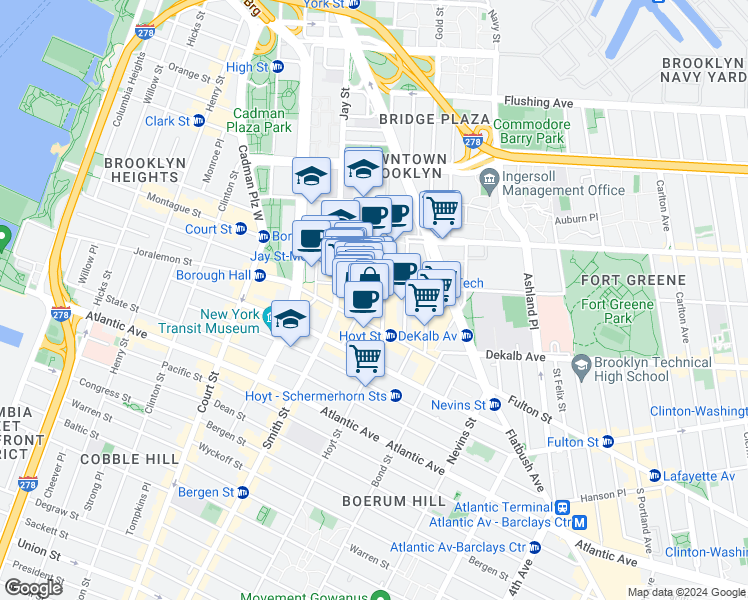 map of restaurants, bars, coffee shops, grocery stores, and more near 111 Lawrence Street in Brooklyn