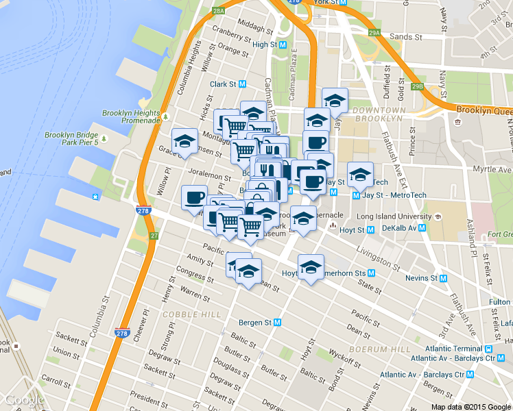 map of restaurants, bars, coffee shops, grocery stores, and more near 86 Court Street in Brooklyn