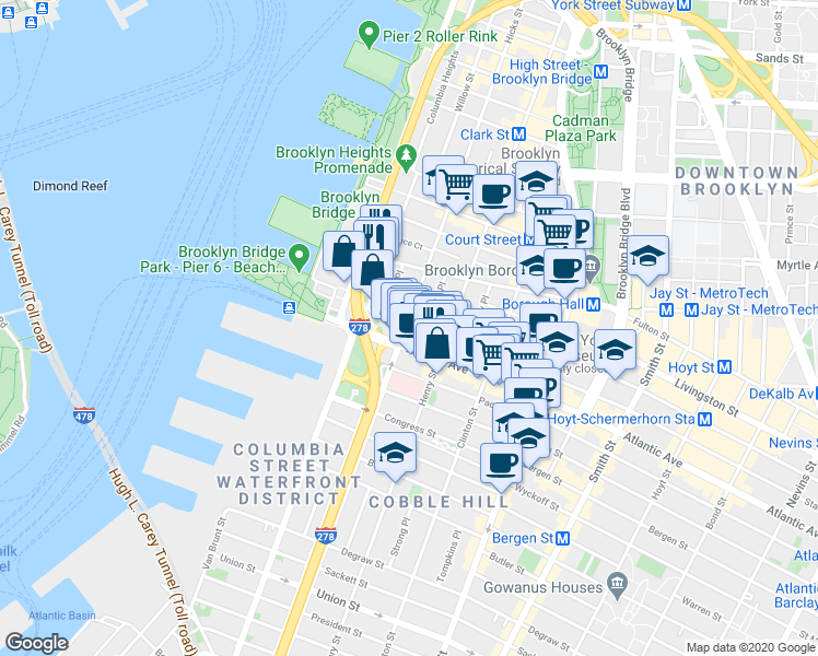 map of restaurants, bars, coffee shops, grocery stores, and more near 41 State Street in Brooklyn