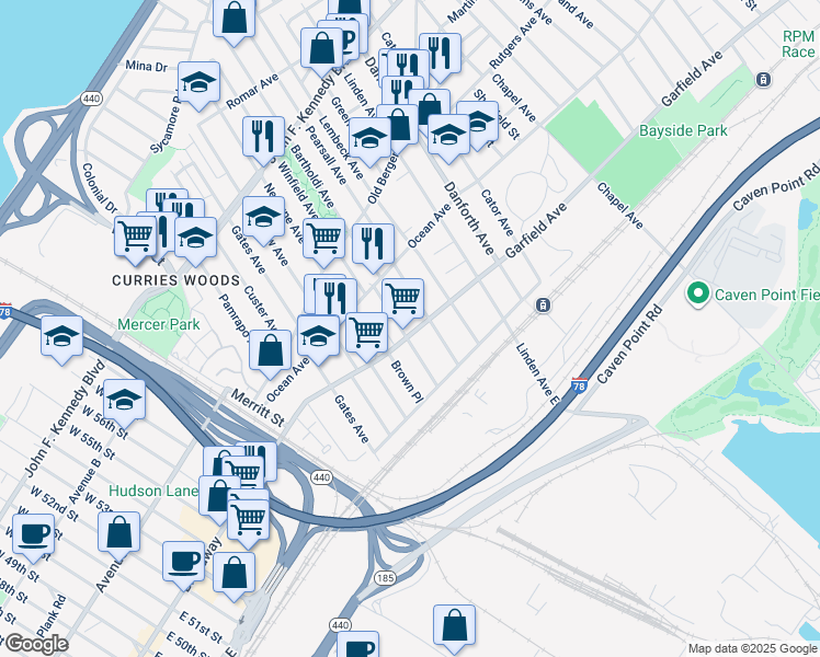 map of restaurants, bars, coffee shops, grocery stores, and more near 64 Winfield Avenue in Jersey City
