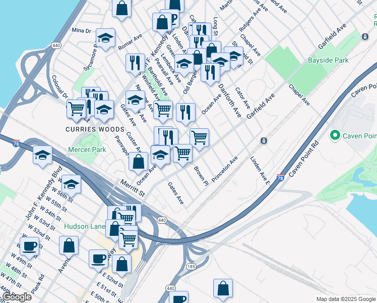 map of restaurants, bars, coffee shops, grocery stores, and more near 87 Winfield Avenue in Jersey City
