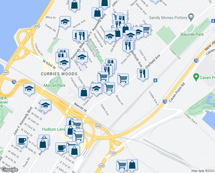 map of restaurants, bars, coffee shops, grocery stores, and more near 87 Winfield Avenue in Jersey City