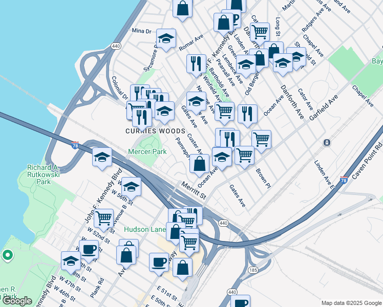 map of restaurants, bars, coffee shops, grocery stores, and more near 145 Custer Avenue in Jersey City