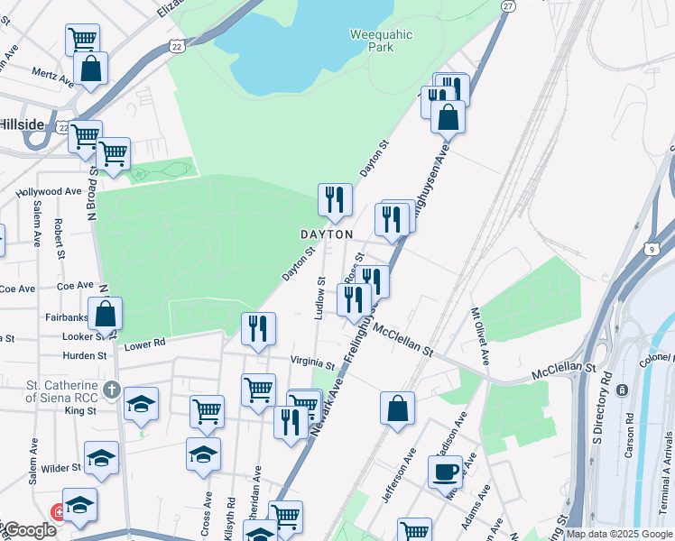 map of restaurants, bars, coffee shops, grocery stores, and more near 5 Ludlow Street in Newark