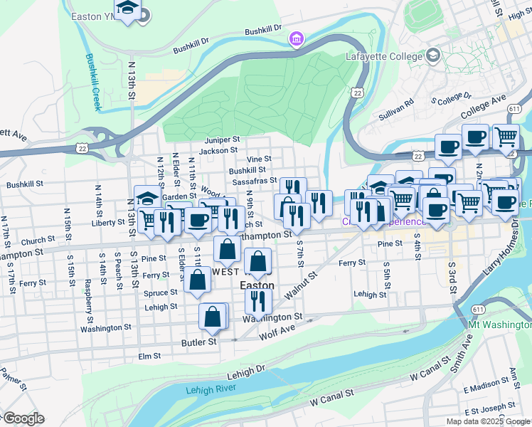 map of restaurants, bars, coffee shops, grocery stores, and more near 13 North Mulberry Street in Easton