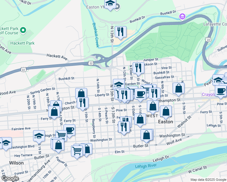 map of restaurants, bars, coffee shops, grocery stores, and more near 127 North 13th Street in Easton