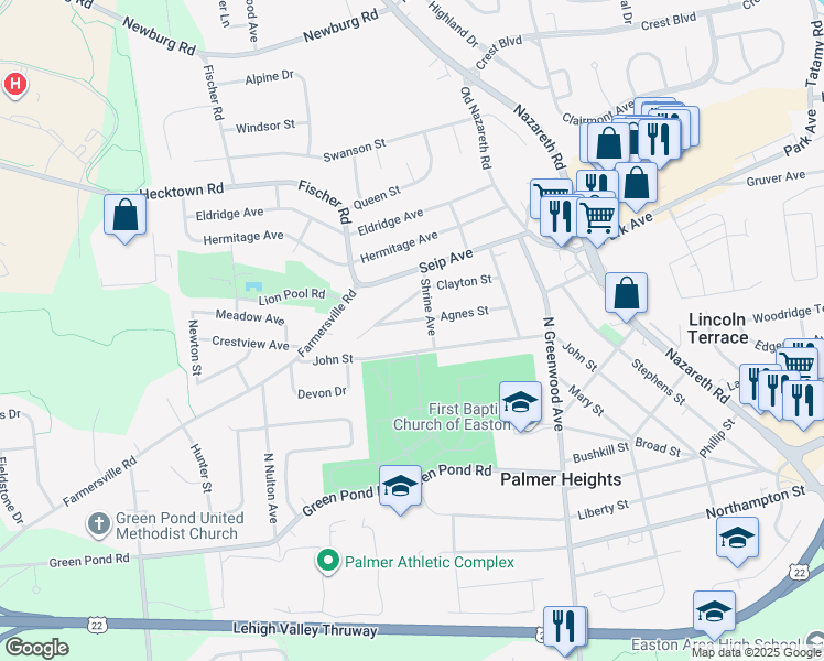 map of restaurants, bars, coffee shops, grocery stores, and more near 3030 Agnes Street in Easton