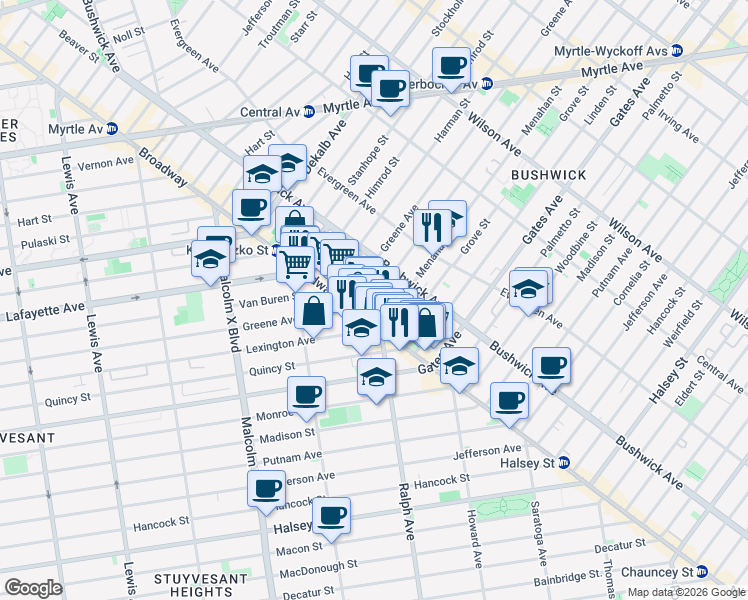 map of restaurants, bars, coffee shops, grocery stores, and more near 13 Goodwin Place in Brooklyn