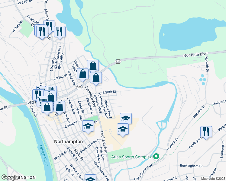 map of restaurants, bars, coffee shops, grocery stores, and more near 607 East 20th Street in Northampton