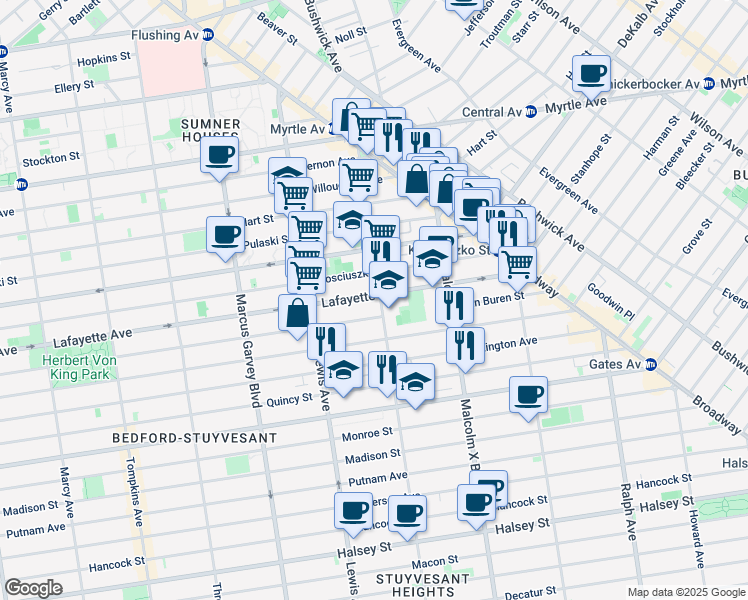 map of restaurants, bars, coffee shops, grocery stores, and more near 963 Lafayette Avenue in Brooklyn
