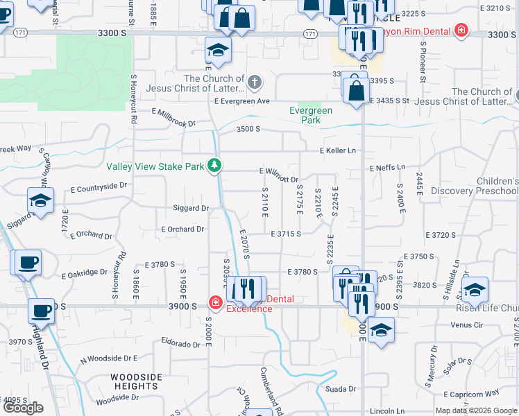 map of restaurants, bars, coffee shops, grocery stores, and more near 3646 South 2110 East in Salt Lake City