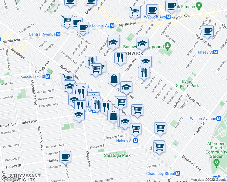 map of restaurants, bars, coffee shops, grocery stores, and more near 1178 Gates Avenue in Brooklyn