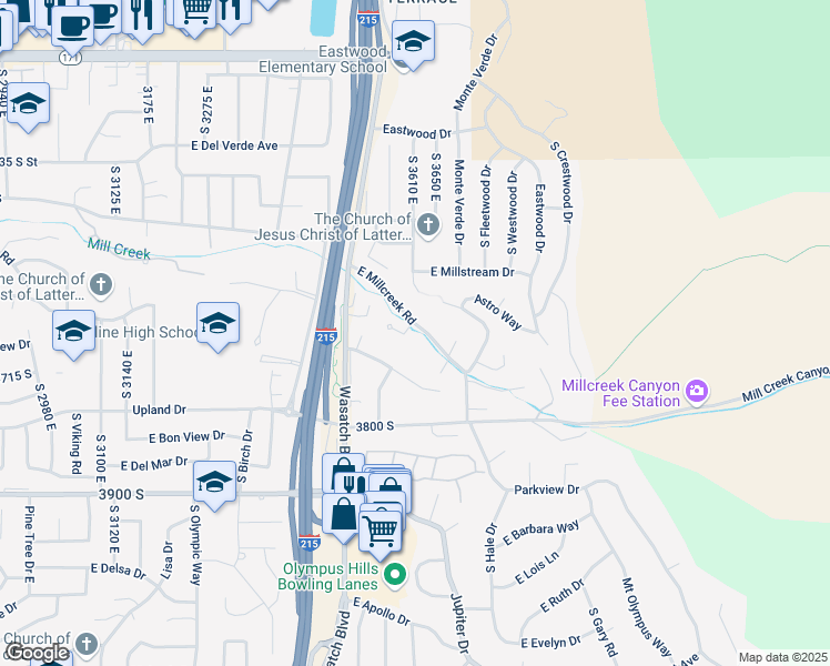 map of restaurants, bars, coffee shops, grocery stores, and more near 3589 East Apple Mill Cove in Salt Lake City