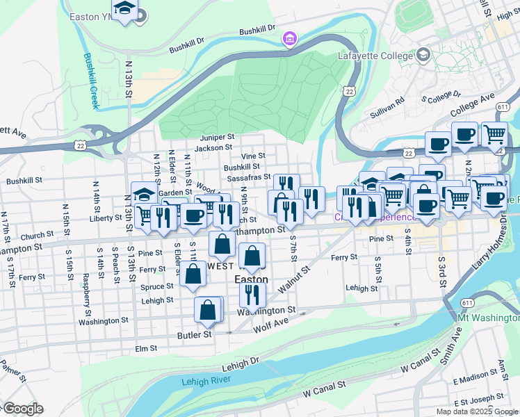 map of restaurants, bars, coffee shops, grocery stores, and more near 13 North Mulberry Street in Easton