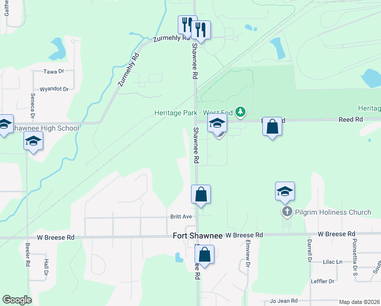 map of restaurants, bars, coffee shops, grocery stores, and more near 3340 Shawnee Road in Cridersville
