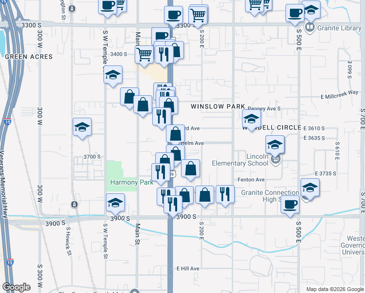 map of restaurants, bars, coffee shops, grocery stores, and more near 153 East Helm Avenue in South Salt Lake