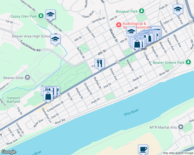 map of restaurants, bars, coffee shops, grocery stores, and more near 284 Buffalo Street in Beaver