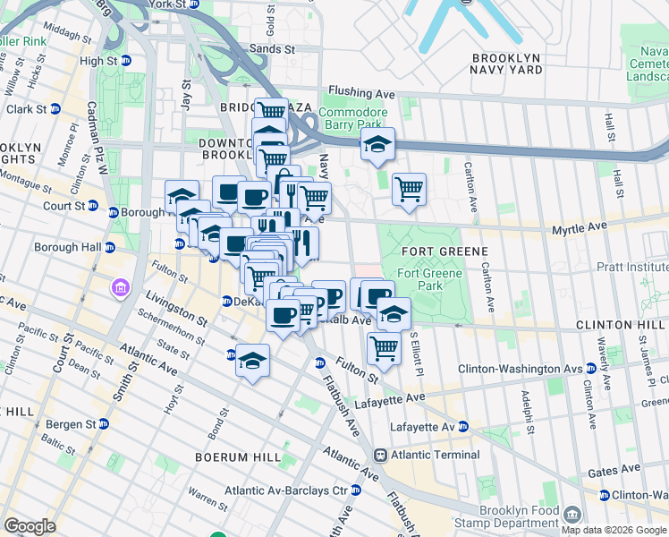 map of restaurants, bars, coffee shops, grocery stores, and more near 196 Willoughby Street in Brooklyn