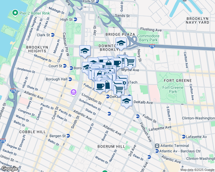 map of restaurants, bars, coffee shops, grocery stores, and more near 106 Willoughby Street in Brooklyn
