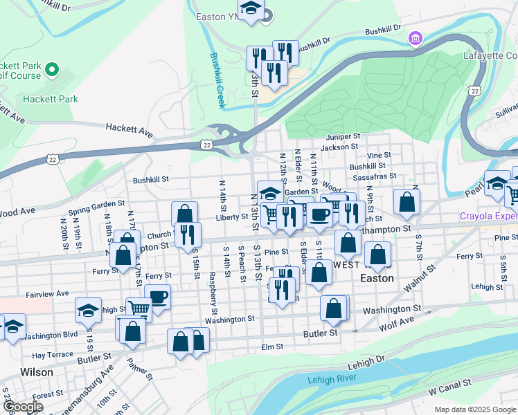 map of restaurants, bars, coffee shops, grocery stores, and more near 127 North 13th Street in Easton