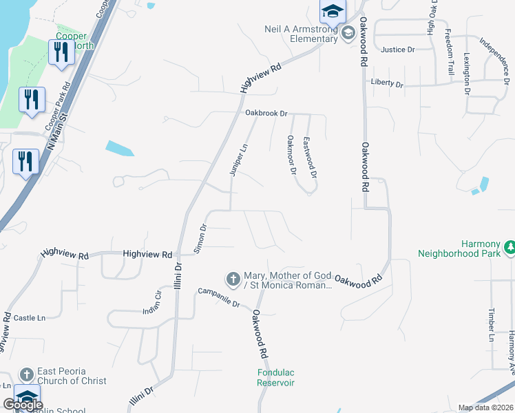 map of restaurants, bars, coffee shops, grocery stores, and more near 505 Simon Drive in East Peoria