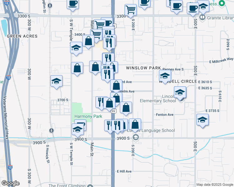 map of restaurants, bars, coffee shops, grocery stores, and more near 3655 South State Street in South Salt Lake