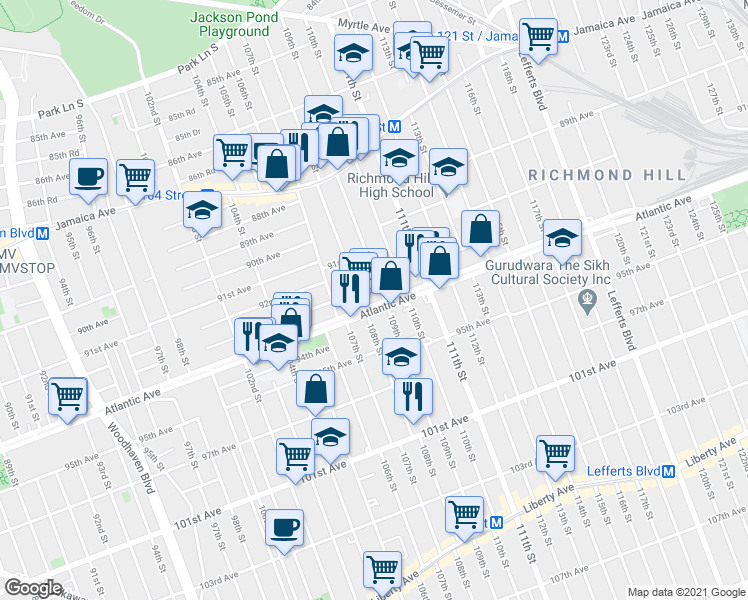 map of restaurants, bars, coffee shops, grocery stores, and more near 91-39 108th Street in Queens